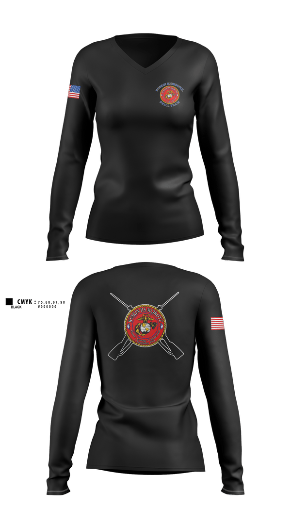 Womens Long Sleeve Vneck Shirt, Ruskin Highschool MCJROTC drill team, Marines, Teamtime, Team time, sublimation, custom sports apparel, team uniforms, spirit wear, spiritwear, sports uniforms, custom shirts, team store, custom team store, fundraiser sports, apparel fundraiser