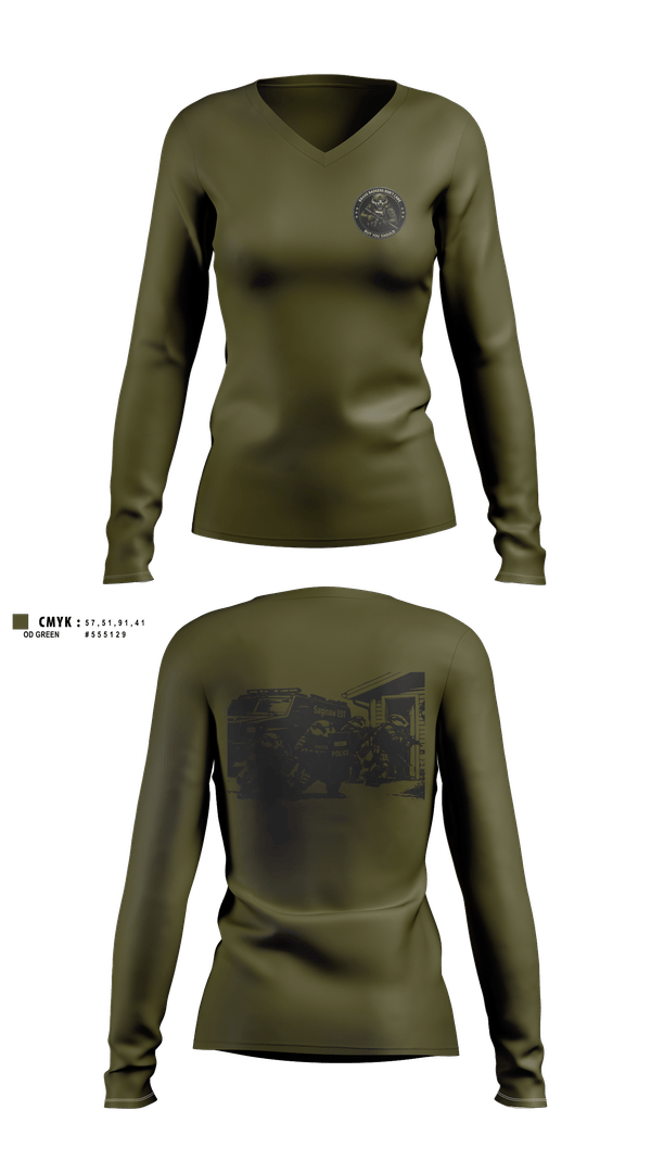 Womens Long Sleeve Vneck Shirt, Saginaw Police Emergency Services Team, Police, Teamtime, Team time, sublimation, custom sports apparel, team uniforms, spirit wear, spiritwear, sports uniforms, custom shirts, team store, custom team store, fundraiser sports, apparel fundraiser