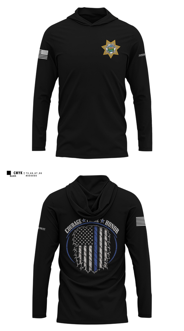 Long Sleeve hooded sunshirt, Jackson Police Department, Police, Teamtime, Team time, sublimation, custom sports apparel, team uniforms, spirit wear, spiritwear, sports uniforms, custom shirts, team store, custom team store, fundraiser sports, apparel fundraiser