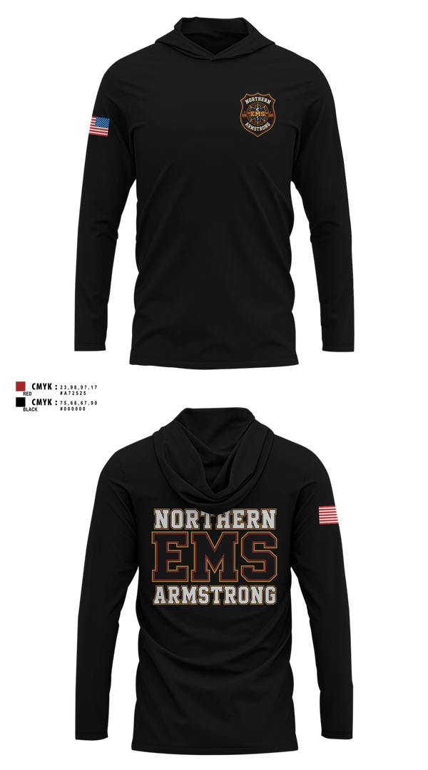 Long Sleeve hooded sunshirt, Northern Armstrong EMS, EMS/EMT, Teamtime, Team time, sublimation, custom sports apparel, team uniforms, spirit wear, spiritwear, sports uniforms, custom shirts, team store, custom team store, fundraiser sports, apparel fundraiser