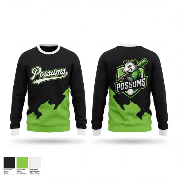 Crew Neck Sweatshirt, Possums, Baseball, Teamtime, Team time, sublimation, custom sports apparel, team uniforms, spirit wear, spiritwear, sports uniforms, custom shirts, team store, custom team store, fundraiser sports, apparel fundraiser
