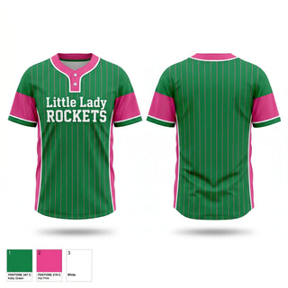 Two Button Softball Jersey, Little Lady Rockets, Softball, Teamtime, Team time, sublimation, custom sports apparel, team uniforms, spirit wear, spiritwear, sports uniforms, custom shirts, team store, custom team store, fundraiser sports, apparel fundraiser