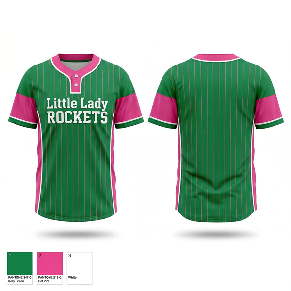 Two Button Softball Jersey, Little Lady Rockets, Softball, Teamtime, Team time, sublimation, custom sports apparel, team uniforms, spirit wear, spiritwear, sports uniforms, custom shirts, team store, custom team store, fundraiser sports, apparel fundraiser