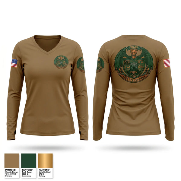 Womens Long Sleeve Vneck Shirt, F/4 Grey Eagle, Army, Teamtime, Team time, sublimation, custom sports apparel, team uniforms, spirit wear, spiritwear, sports uniforms, custom shirts, team store, custom team store, fundraiser sports, apparel fundraiser
