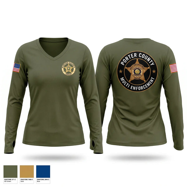 Womens Long Sleeve Vneck Shirt, Porter County Multi-Enforcement Group, Police, Teamtime, Team time, sublimation, custom sports apparel, team uniforms, spirit wear, spiritwear, sports uniforms, custom shirts, team store, custom team store, fundraiser sports, apparel fundraiser