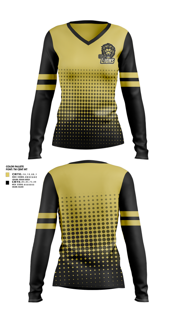 Womens Long Sleeve Vneck Shirt, Gt lions, , Teamtime, Team time, sublimation, custom sports apparel, team uniforms, spirit wear, spiritwear, sports uniforms, custom shirts, team store, custom team store, fundraiser sports, apparel fundraiser