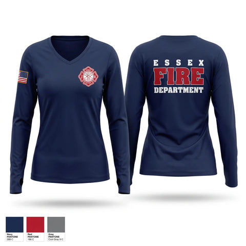 Womens Long Sleeve Vneck Shirt, Essex Fire Department, Fire Department, Teamtime, Team time, sublimation, custom sports apparel, team uniforms, spirit wear, spiritwear, sports uniforms, custom shirts, team store, custom team store, fundraiser sports, apparel fundraiser