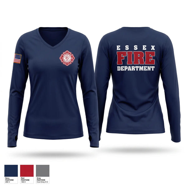 Womens Long Sleeve Vneck Shirt, Essex Fire Department, Fire Department, Teamtime, Team time, sublimation, custom sports apparel, team uniforms, spirit wear, spiritwear, sports uniforms, custom shirts, team store, custom team store, fundraiser sports, apparel fundraiser
