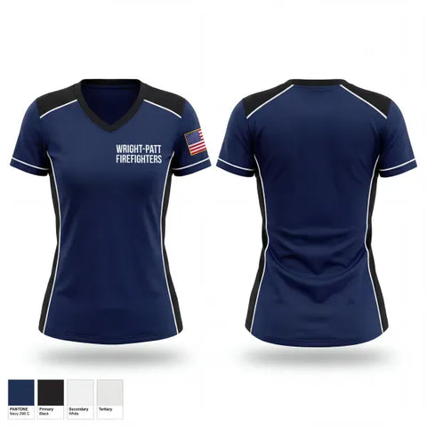 Womens Short Sleeve Vneck Shirt, Wright-Patt Firefighters, Fire Department, Teamtime, Team time, sublimation, custom sports apparel, team uniforms, spirit wear, spiritwear, sports uniforms, custom shirts, team store, custom team store, fundraiser sports, apparel fundraiser