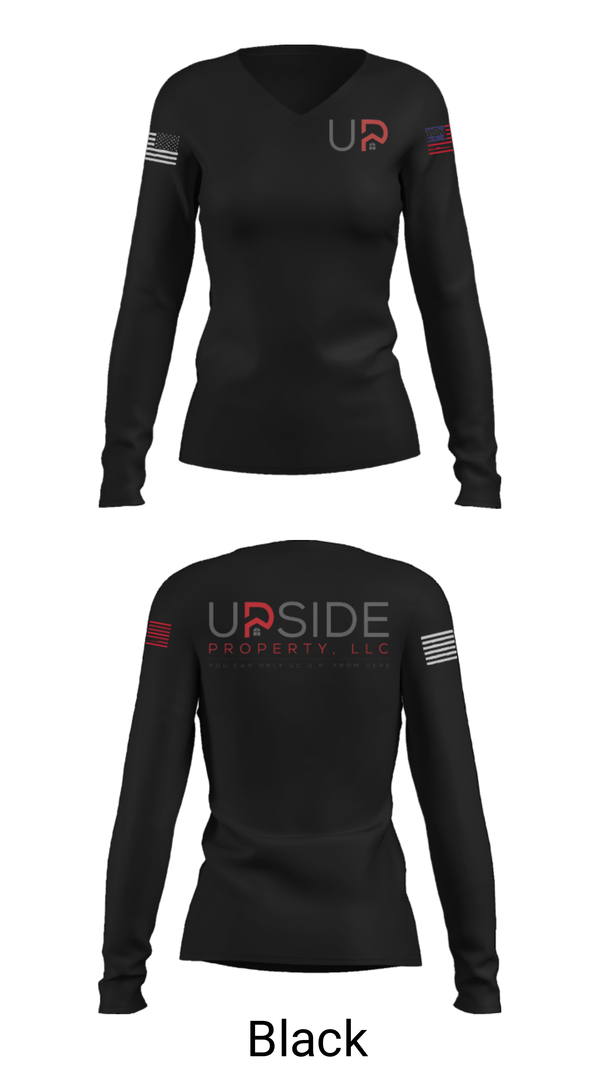 Women's Long Sleeve Vneck Shirt, UPSIDE PROPERTY, , Teamtime, Team time, sublimation, custom sports apparel, team uniforms, spirit wear, spiritwear, sports uniforms, custom shirts, team store, custom team store, fundraiser sports, apparel fundraiser