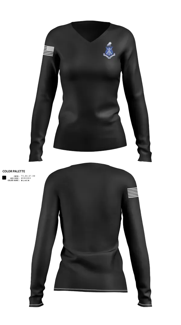 Womens Long Sleeve Vneck Shirt, Pershing Rifles, National Guard, Teamtime, Team time, sublimation, custom sports apparel, team uniforms, spirit wear, spiritwear, sports uniforms, custom shirts, team store, custom team store, fundraiser sports, apparel fundraiser