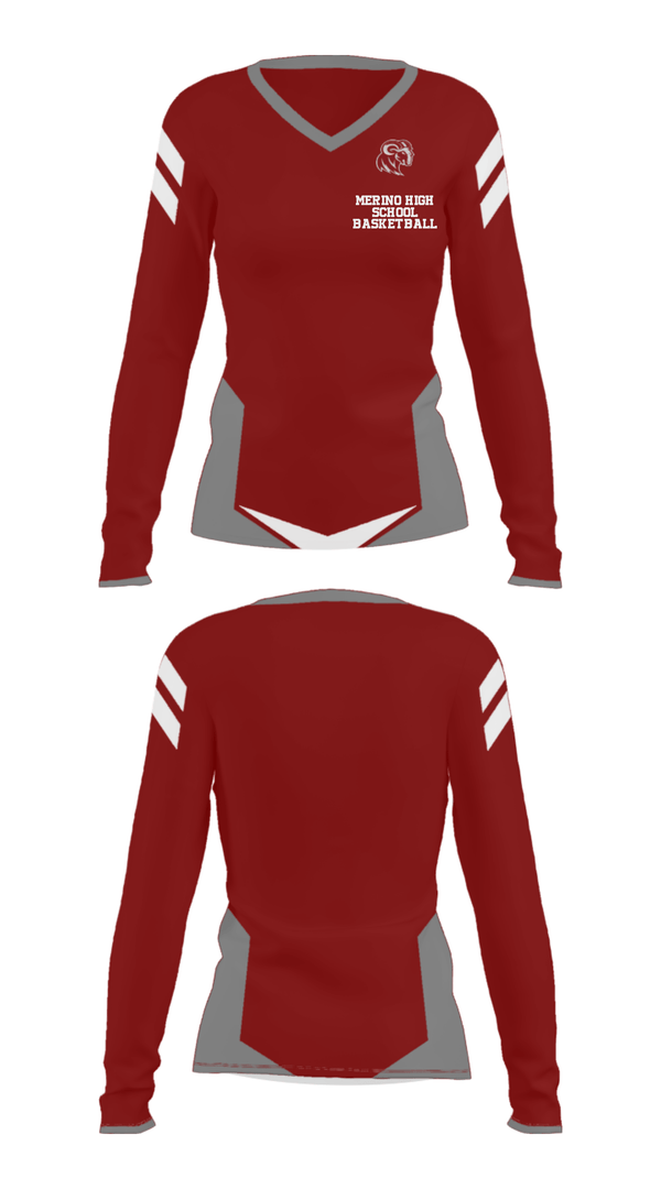 Women's Long Sleeve Vneck Shirt, Merino High School Basketball, Men's Basketball, Teamtime, Team time, sublimation, custom sports apparel, team uniforms, spirit wear, spiritwear, sports uniforms, custom shirts, team store, custom team store, fundraiser sports, apparel fundraiser