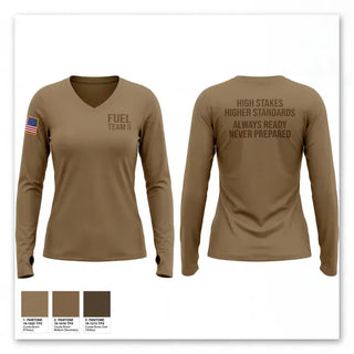 Womens Long Sleeve Vneck Shirt, Fuel Team 6, Army, Teamtime, Team time, sublimation, custom sports apparel, team uniforms, spirit wear, spiritwear, sports uniforms, custom shirts, team store, custom team store, fundraiser sports, apparel fundraiser