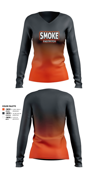 Womens Long Sleeve Vneck Shirt, SMOKE FASTPITCH, Softball, Teamtime, Team time, sublimation, custom sports apparel, team uniforms, spirit wear, spiritwear, sports uniforms, custom shirts, team store, custom team store, fundraiser sports, apparel fundraiser