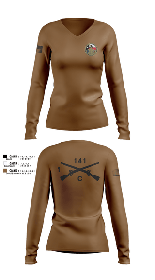 Womens Long Sleeve Vneck Shirt, C Co 1-141 IN, Army, Teamtime, Team time, sublimation, custom sports apparel, team uniforms, spirit wear, spiritwear, sports uniforms, custom shirts, team store, custom team store, fundraiser sports, apparel fundraiser