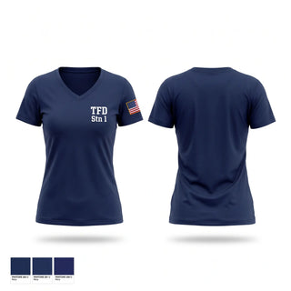 Womens Short Sleeve Vneck Shirt, TFD Stn 1, Fire Department, Teamtime, Team time, sublimation, custom sports apparel, team uniforms, spirit wear, spiritwear, sports uniforms, custom shirts, team store, custom team store, fundraiser sports, apparel fundraiser