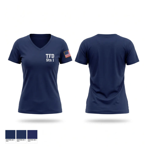 Womens Short Sleeve Vneck Shirt, TFD Stn 1, Fire Department, Teamtime, Team time, sublimation, custom sports apparel, team uniforms, spirit wear, spiritwear, sports uniforms, custom shirts, team store, custom team store, fundraiser sports, apparel fundraiser