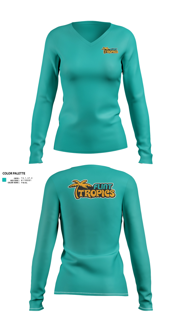 Womens Long Sleeve Vneck Shirt, Flint Tropics, , Teamtime, Team time, sublimation, custom sports apparel, team uniforms, spirit wear, spiritwear, sports uniforms, custom shirts, team store, custom team store, fundraiser sports, apparel fundraiser