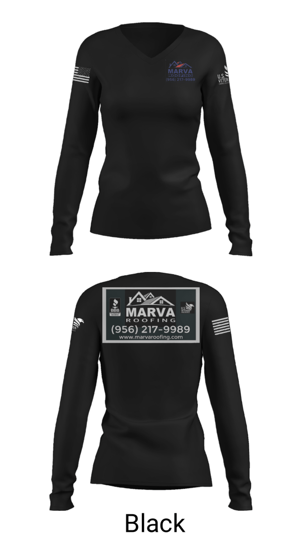 Women's Long Sleeve Vneck Shirt, Marva Roofing, , Teamtime, Team time, sublimation, custom sports apparel, team uniforms, spirit wear, spiritwear, sports uniforms, custom shirts, team store, custom team store, fundraiser sports, apparel fundraiser