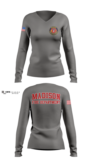 Womens Long Sleeve Vneck Shirt, Madison Fire Department, Fire Department, Teamtime, Team time, sublimation, custom sports apparel, team uniforms, spirit wear, spiritwear, sports uniforms, custom shirts, team store, custom team store, fundraiser sports, apparel fundraiser