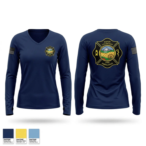 Womens Long Sleeve Vneck Shirt, Dufur Volunteer Fire and Ambulance, Fire Department, Teamtime, Team time, sublimation, custom sports apparel, team uniforms, spirit wear, spiritwear, sports uniforms, custom shirts, team store, custom team store, fundraiser sports, apparel fundraiser