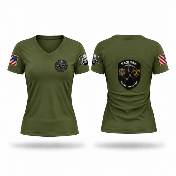 Womens Short Sleeve Vneck Shirt, Michigan State Police Saginaw Major Crimes Unit, Police, Teamtime, Team time, sublimation, custom sports apparel, team uniforms, spirit wear, spiritwear, sports uniforms, custom shirts, team store, custom team store, fundraiser sports, apparel fundraiser