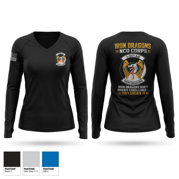 Womens Long Sleeve Vneck Shirt, 1-501st Iron Dragons NCO Corps, Army, Teamtime, Team time, sublimation, custom sports apparel, team uniforms, spirit wear, spiritwear, sports uniforms, custom shirts, team store, custom team store, fundraiser sports, apparel fundraiser