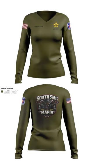 Womens Long Sleeve Vneck Shirt, SAC SOUTH, Army, Teamtime, Team time, sublimation, custom sports apparel, team uniforms, spirit wear, spiritwear, sports uniforms, custom shirts, team store, custom team store, fundraiser sports, apparel fundraiser