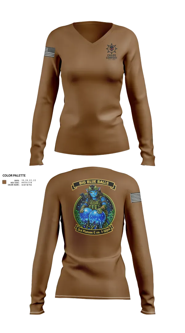 Womens Long Sleeve Vneck Shirt, C. Co. 1-120 3rd PLT, Army, Teamtime, Team time, sublimation, custom sports apparel, team uniforms, spirit wear, spiritwear, sports uniforms, custom shirts, team store, custom team store, fundraiser sports, apparel fundraiser