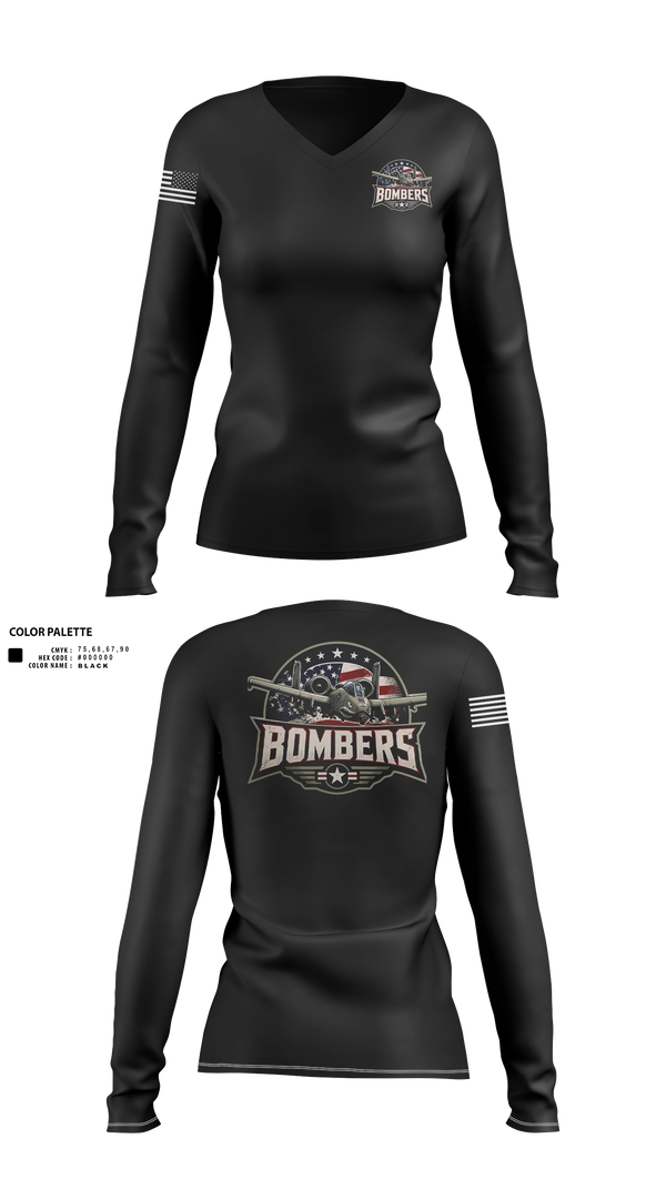 Womens Long Sleeve Vneck Shirt, Bombers, Baseball, Teamtime, Team time, sublimation, custom sports apparel, team uniforms, spirit wear, spiritwear, sports uniforms, custom shirts, team store, custom team store, fundraiser sports, apparel fundraiser