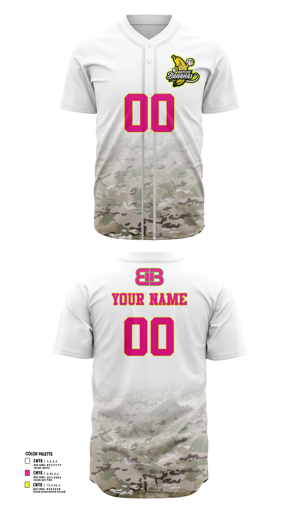 Full Button Baseball Jersey, Bayside Bananas, Baseball, Teamtime, Team time, sublimation, custom sports apparel, team uniforms, spirit wear, spiritwear, sports uniforms, custom shirts, team store, custom team store, fundraiser sports, apparel fundraiser
