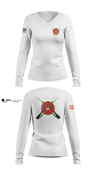 Womens Long Sleeve Vneck Shirt, Ruskin Highschool MCJROTC drill team, Marines, Teamtime, Team time, sublimation, custom sports apparel, team uniforms, spirit wear, spiritwear, sports uniforms, custom shirts, team store, custom team store, fundraiser sports, apparel fundraiser