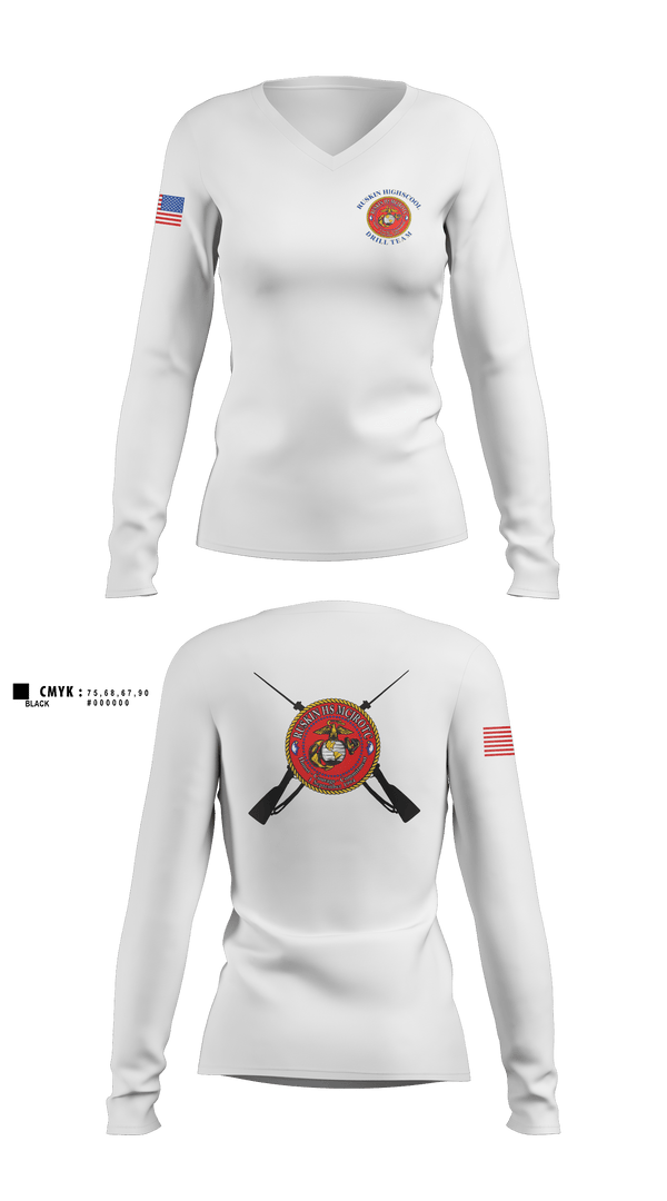 Womens Long Sleeve Vneck Shirt, Ruskin Highschool MCJROTC drill team, Marines, Teamtime, Team time, sublimation, custom sports apparel, team uniforms, spirit wear, spiritwear, sports uniforms, custom shirts, team store, custom team store, fundraiser sports, apparel fundraiser