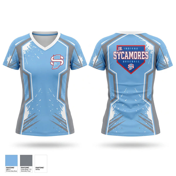 Womens Short Sleeve Vneck Shirt, Indiana Jr Sycamores, Baseball, Teamtime, Team time, sublimation, custom sports apparel, team uniforms, spirit wear, spiritwear, sports uniforms, custom shirts, team store, custom team store, fundraiser sports, apparel fundraiser