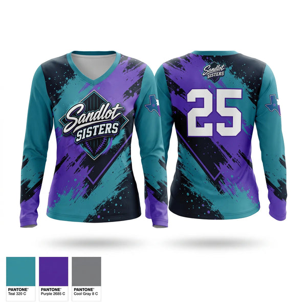 Womens Long Sleeve Vneck Shirt, Sandlot Sisters, Softball, Teamtime, Team time, sublimation, custom sports apparel, team uniforms, spirit wear, spiritwear, sports uniforms, custom shirts, team store, custom team store, fundraiser sports, apparel fundraiser