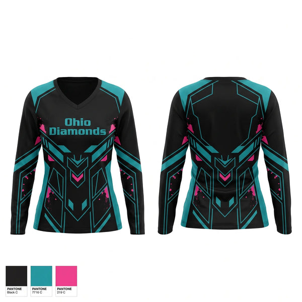 Womens Long Sleeve Vneck Shirt, Ohio Diamonds, Softball, Teamtime, Team time, sublimation, custom sports apparel, team uniforms, spirit wear, spiritwear, sports uniforms, custom shirts, team store, custom team store, fundraiser sports, apparel fundraiser