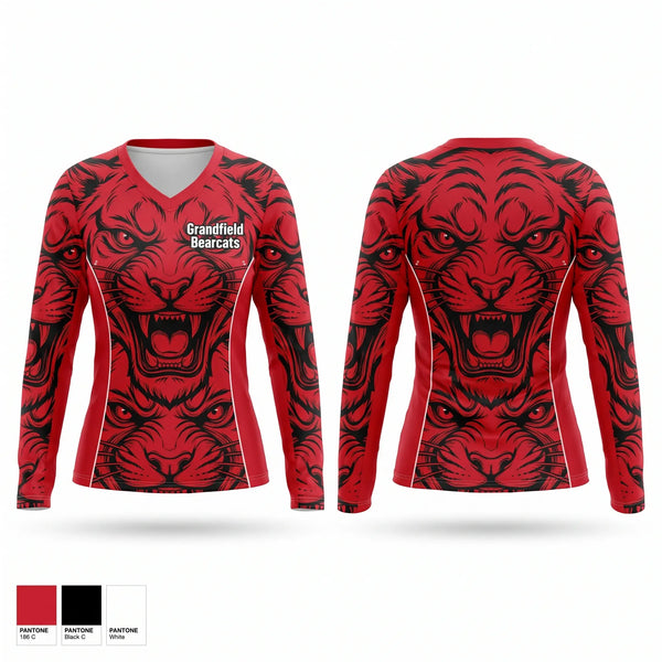 Womens Long Sleeve Vneck Shirt, Grandfield Bearcats, Men's Basketball, Teamtime, Team time, sublimation, custom sports apparel, team uniforms, spirit wear, spiritwear, sports uniforms, custom shirts, team store, custom team store, fundraiser sports, apparel fundraiser