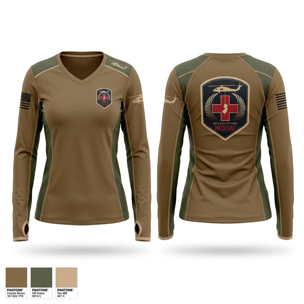 Womens Long Sleeve Vneck Shirt, 1-171 MEDEVAC, National Guard, Teamtime, Team time, sublimation, custom sports apparel, team uniforms, spirit wear, spiritwear, sports uniforms, custom shirts, team store, custom team store, fundraiser sports, apparel fundraiser