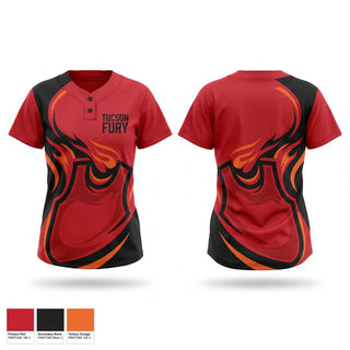 Two Button Softball Jersey, Tucson Fury, Softball, Teamtime, Team time, sublimation, custom sports apparel, team uniforms, spirit wear, spiritwear, sports uniforms, custom shirts, team store, custom team store, fundraiser sports, apparel fundraiser