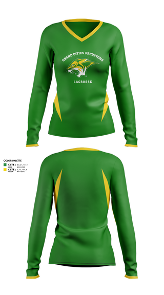 Womens Long Sleeve Vneck Shirt, Grand cities predators, Women's Lacrosse, Teamtime, Team time, sublimation, custom sports apparel, team uniforms, spirit wear, spiritwear, sports uniforms, custom shirts, team store, custom team store, fundraiser sports, apparel fundraiser