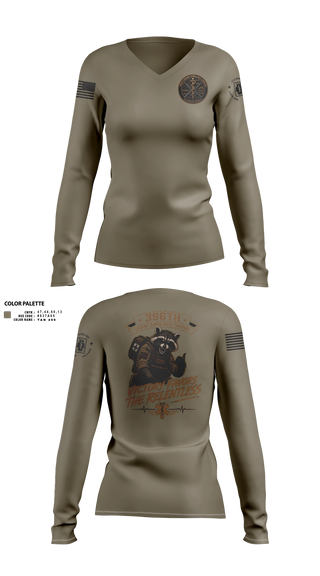 Womens Long Sleeve Vneck Shirt, 396th MCGA, Army, Teamtime, Team time, sublimation, custom sports apparel, team uniforms, spirit wear, spiritwear, sports uniforms, custom shirts, team store, custom team store, fundraiser sports, apparel fundraiser