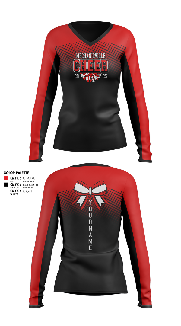 Womens Long Sleeve Vneck Shirt, Mechanicville High School Cheer, Cheer, Teamtime, Team time, sublimation, custom sports apparel, team uniforms, spirit wear, spiritwear, sports uniforms, custom shirts, team store, custom team store, fundraiser sports, apparel fundraiser