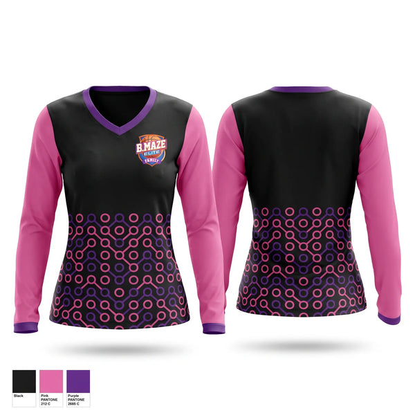 Womens Long Sleeve Vneck Shirt, B Maze Family Elite, Women's Basketball, Teamtime, Team time, sublimation, custom sports apparel, team uniforms, spirit wear, spiritwear, sports uniforms, custom shirts, team store, custom team store, fundraiser sports, apparel fundraiser