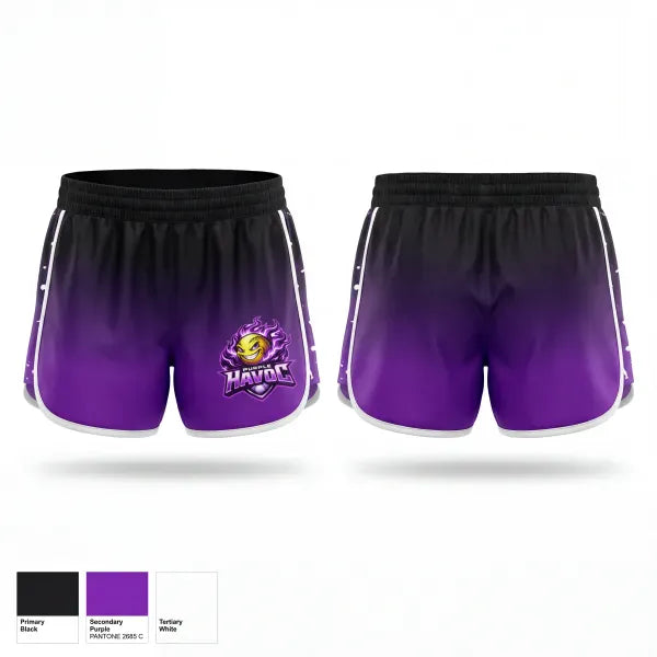 Womens Shorts, Purple Havoc, Softball, Teamtime, Team time, sublimation, custom sports apparel, team uniforms, spirit wear, spiritwear, sports uniforms, custom shirts, team store, custom team store, fundraiser sports, apparel fundraiser