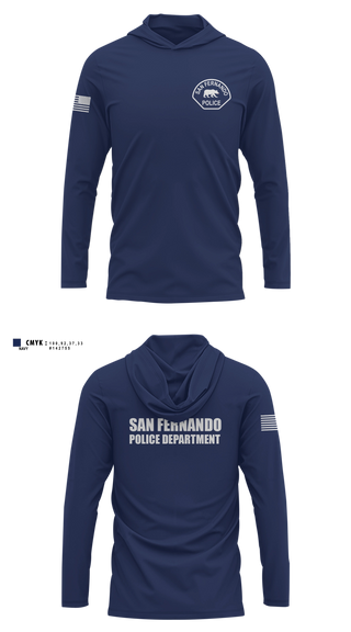 Long Sleeve hooded sunshirt, San Fernando Police Department, Police, Teamtime, Team time, sublimation, custom sports apparel, team uniforms, spirit wear, spiritwear, sports uniforms, custom shirts, team store, custom team store, fundraiser sports, apparel fundraiser