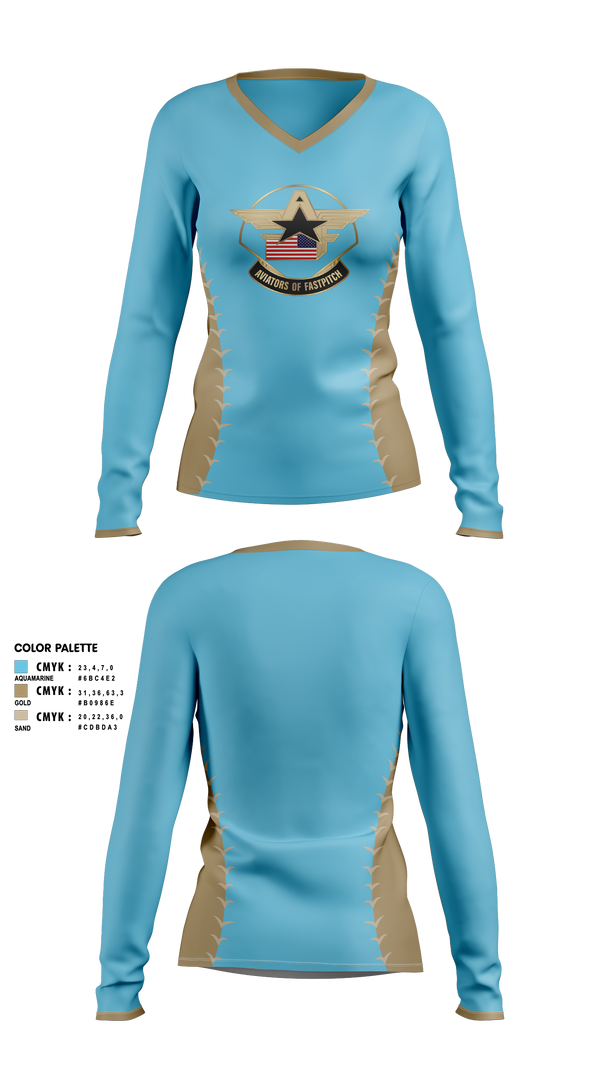 Womens Long Sleeve Vneck Shirt, Aviators of Fastpitch, Softball, Teamtime, Team time, sublimation, custom sports apparel, team uniforms, spirit wear, spiritwear, sports uniforms, custom shirts, team store, custom team store, fundraiser sports, apparel fundraiser