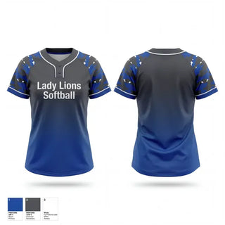Two Button Softball Jersey, Lady Lions Softball, Softball, Teamtime, Team time, sublimation, custom sports apparel, team uniforms, spirit wear, spiritwear, sports uniforms, custom shirts, team store, custom team store, fundraiser sports, apparel fundraiser