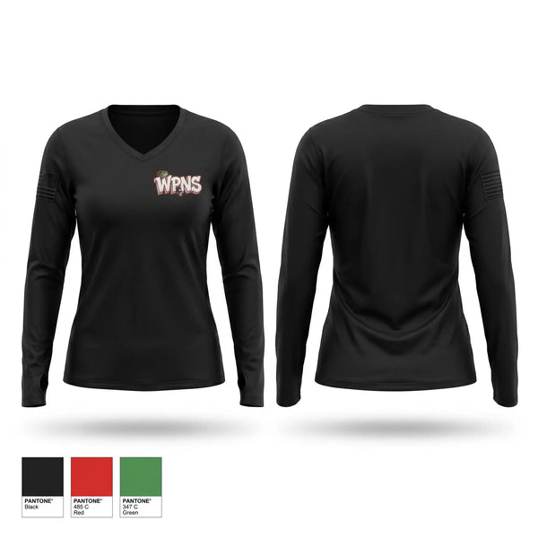 Womens Long Sleeve Vneck Shirt, Osan Weapons, Air Force, Teamtime, Team time, sublimation, custom sports apparel, team uniforms, spirit wear, spiritwear, sports uniforms, custom shirts, team store, custom team store, fundraiser sports, apparel fundraiser