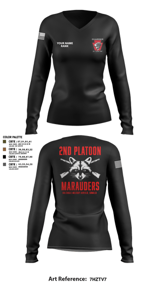 Women's Long Sleeve Vneck Shirt, Charger Co. / 2-112th Infantry Battalion, National Guard, Teamtime, Team time, sublimation, custom sports apparel, team uniforms, spirit wear, spiritwear, sports uniforms, custom shirts, team store, custom team store, fundraiser sports, apparel fundraiser