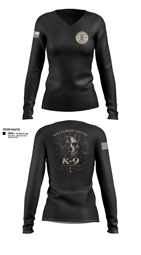 Womens Long Sleeve Vneck Shirt, Williamson County K-9 Unit, Police, Teamtime, Team time, sublimation, custom sports apparel, team uniforms, spirit wear, spiritwear, sports uniforms, custom shirts, team store, custom team store, fundraiser sports, apparel fundraiser